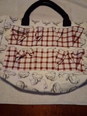 Canvas Tote Bag with Red Plaid Accents Egg Collection Or Crafts